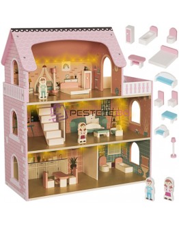 Голяма дървена къщичка за кукли 70см LED осветление с мебели и аксесоари